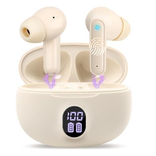 LWMTT Écouteurs sans Fil Bluetooth, Intra-Auriculaires Bluetooth 5.3, Affichage LED Couleur Beige, écouteurs étanches IPX7, autonomie de 30 h, réduction du Bruit, Charge Rapide USB-C