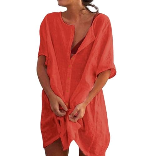 Robe de Plage Femme Plage Chemise Col Rond CacheMaillots et Sarongs Plage Bikini Cover Up pour Maillot de Bain Casual Robe de Maillot Beachwear Blouse Femme 2025 (A02-Watermelon Red, L)