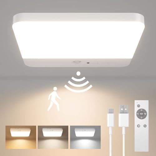 FULEN Lampe de Plafonnier avec Détecteur de Mouvement, LED Plafond sans Fil, Rechargeable Plafonnier pour Douche, Salle de Bain, Garage, Escalier, 3 Températures de Couleur, Télécommande