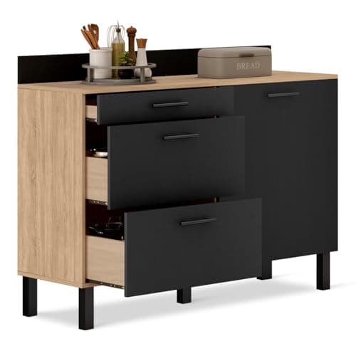 IDMarket - Buffet bas casserolier de cuisine 120 CM CINA plan de travail H.83 cm 1 porte + 3 tiroirs façon hêtre et noir