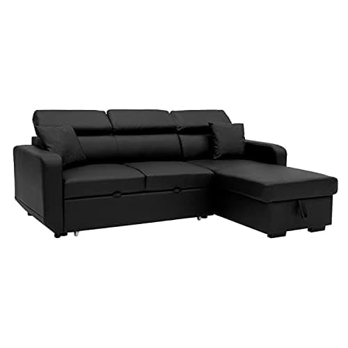Happy Garden canapé d'angle Convertible Warren 3 Places en Simili Noir. Canapé avec méridienne réversible, Appui-tête réglable et Coffre de Rangement.
