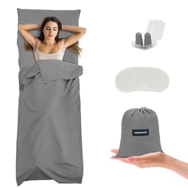 flintronic Drap de Sac de Couchage Léger 210 x 75cm, Sac de Couchage de Drap avec Compartiment pour Oreiller, Drap de Sac de Couchage Léger et Portable pour Voyage Hôtel Camping