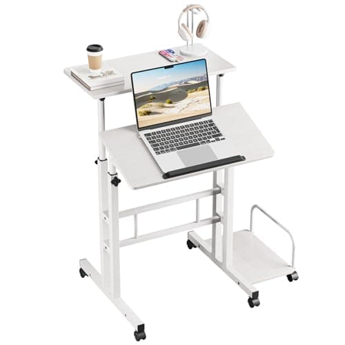 Dripex Bureau Debout réglable en Hauteur 60 x 60 cm avec 4 roulettes, pour Ordinateur Portable, Plateau inclinable, pour la Maison, Le Bureau, Blanc