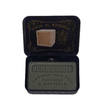 Boîte en métal Savon de Marseille noire avec savonnette marseillaise huile d'olive 60g-Fabrication française-enrichie en beurre de karité bio