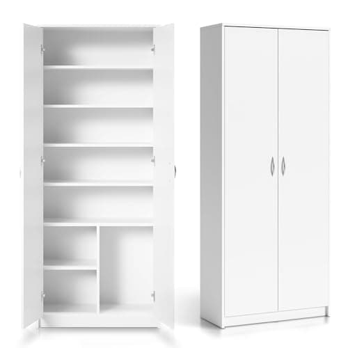 Armoire Multi-usages Blanche 74cm Largeur 180cm Hauteur avec Six étagères et Un Compartiment supplémentaire, Armoire de classement Armoire de ménage Organizer en Bois MDF