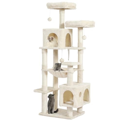 MSmask Grand arbre à chat L stable 160 cm avec 2 plateformes, 2 niches, 1 hamac, poteaux en sisal, arbre d'escalade à plusieurs étages pour chats Beige
