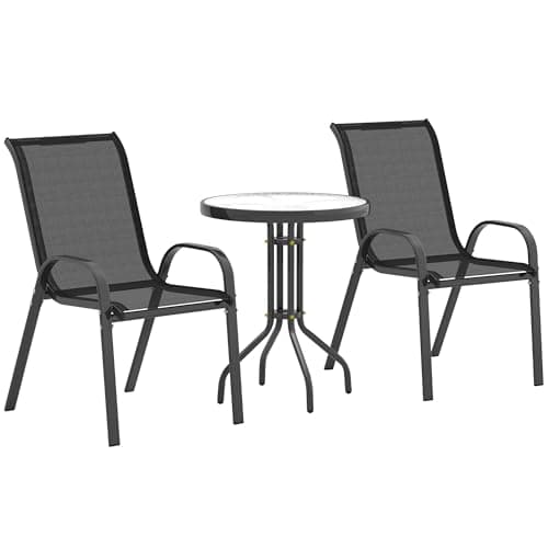 Outsunny 3 pièces Salon de Jardin extérieur, Ensemble de Meubles 2 fauteuils empilables, Table Basse avec Dessus en Verre trempé, Tissu en textilène, pour Patio, terrasse, Balcon, Noir