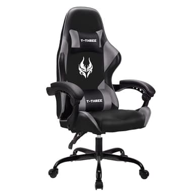T-THREE.Chaise Ergonomique Haute pour Gaming, Bureau, étude, pivotante et Style Course, avec Soutien Lombaire et appuie-tête réglables, 150 kg, idéale pour Bureau Maison.(Gris)