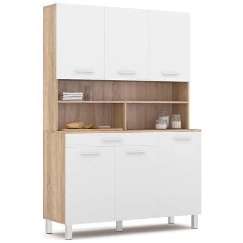 IDMarket - Buffet de cuisine 120 CM CINA 6 portes + tiroir façon hêtre et blanc