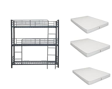Lit superposé Triple Noir Balto 3 Personnes avec 3 Matelas offerts 90 x 190 x 15CM