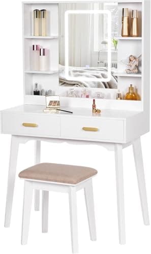 BEWISHOME Coiffeuse Blanche Avec Miroir LED, Tabouret, Table de Maquillage Avec Lumières et 3 Modes de Couleur, 2 Tiroirs et 4 Etagères Ouvertes, Moderne EFST22W