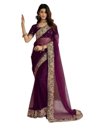 KULIA® Sari traditionnel avec chemisier non cousu pour femme robe de créateur en filet tenue de soirée ethnique vêtements Bollywood tenue de fête mariage filet brodé violet sari Bollywood pour femme