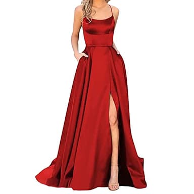 Robe de Soiree Femme, Robe Femme Chic et Elegant Maxi Longue en Satin Élégante Sexy Dos Nu Fendue Party Dress