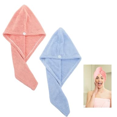 Lot de 2 Serviettes en Microfibre - Super absorbantes - avec Boutons - Turban torsadé - Absorbant Rapidement - pour sécher Les Cheveux Longs