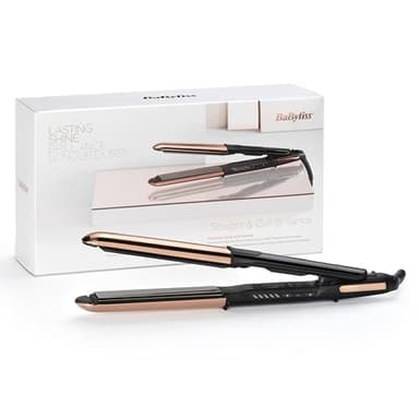 BaByliss Lisseur Straight And Curl Brilliance - Plaques en titane, Ionique Anti-Frisottis, Chauffe rapide en 15 Secondes, Design métallique incurvé, 5 réglages de température jusqu'à 235°C, ST482E