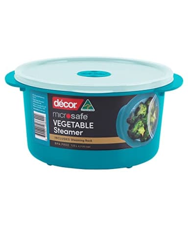 Décor Microsafe Cuiseur vapeur pour légumes | Avec grille de cuisson à la vapeur et évent d'évacuation de la vapeur | Passe au lave-vaisselle et au congélateur | Capacité de 1,5 l – Bleu sarcelle