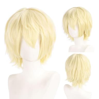 FOUNSHO Anime Perruque Blond pour Homme Dames, 12 Inch/30 cm Cosplay Perruque Courte Postiche Droite Perruque avec Frange, Année70 80 Perruque pour Halloween Quotidienne Deguisement Fête (Blonde)