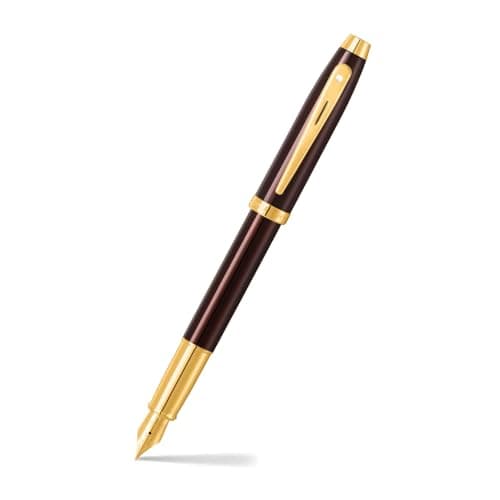 Sheaffer Gift 100 9370 Stylo plume Marron café brillant avec bordure PVD dorée | Stylo plume à pointe moyenne | Coffret cadeau de qualité supérieure