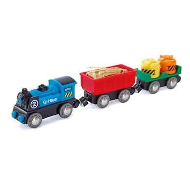 Jouet Hape Train de Marchandises à Piles - Jeu pour Enfant dès 3 ans - Locomotive Électrique Bleue + Deux Wagons - Compatible avec les Circuits de Marques Traditionnelles (Piles AAA non fournies)