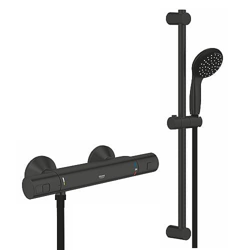 GROHE Precision Start Mitigeur Thermostatique Douche + GROHE Vitalio Start 100 Douchette 2 jets avec barre, Economie d'Eau, Noir Mat