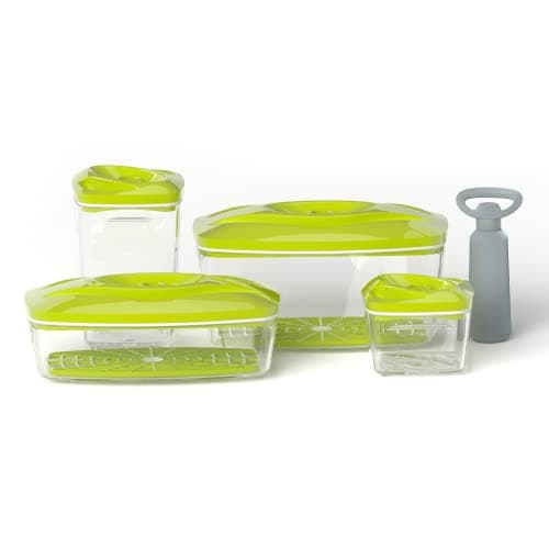 Dafi Boite Sous Vide Alimentaire SeeYoo, Lot de 4 pcs, Céladon - Pompe incluse, sans BPA, Anti-fuite - Prolongation de la durée de conservation - Recipient Sous Vid - 0,5 L + 1,3 L + 1,5 L + 2,7 L