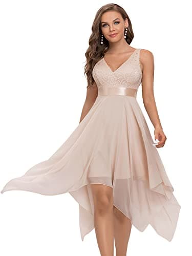 Ever-Pretty Robe de Soirée Asymétrique au Genou Femme Double Col-V sans Manche en Dentelle Mousseline de Soie Nude 38