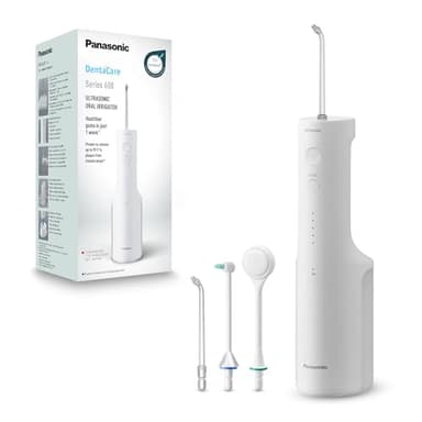 Panasonic Serie 600 Hydropulseur Dentaire Ultrasonique EW-DJ67-W303, Jet dentaire, 200ml, IPX7, 2 Embouts Standard, 1 Embout Orthodontique et 1 Embout pour la Langue, 5 Réglages de Pression, Blanc