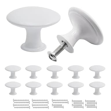 Misuyue 10 Pièces Bouton de Meuble Blanc, Bouton de Tiroir en Inoxydable, Vintage Ronds Poignee de Meuble Cuisine, 30 mm Boutons de Portes pour Placards, Commode, Armoire, Meuble, avec Vis Assorties