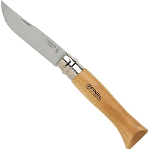 OPINEL, Couteau N°9, Acier inoxydable Martensitique, Facilité d'entretien, Résiste à la corrosion, Manche en hêtre vernis incolore, Lame Yatagan de 9 cm, Avec bague de double sécurité Virobloc