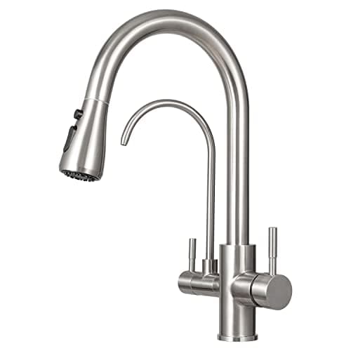 Robinet 3 Voies avec Douchette Extractible & Sortie Eau Filtrée, Robinet de Cuisine à Double Poignée Acier Inoxydable, Rotation à 360 °Eau Potable et Eau Chaude et Froide