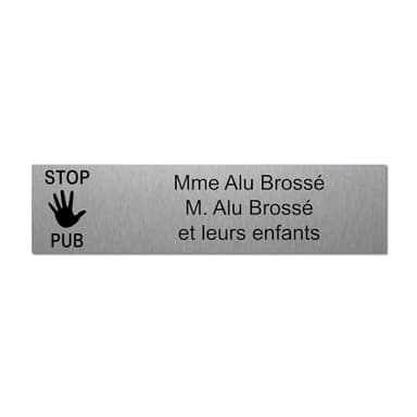 Plaque gravée pour nom boîte aux lettres STOP PUB autocollante 10x2,5cm personnalisée 1 à 3 lignes Alu Brossé