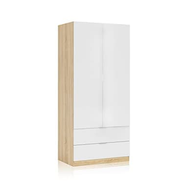 Armoire avec 2 portes et 2 tiroirs, Finition en Artik White et Canadian Oak, Mesures : 81 cm (L) x 180 cm (H) x 52 cm (P)