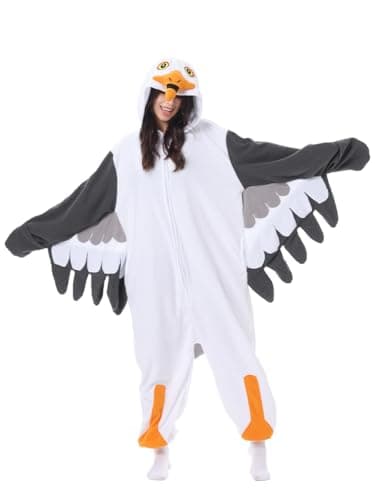 LANFAN Combinaison pyjama unisexe en peluche pour adulte, motif mouette, costume d'Halloween et de costumade pour homme et femme, noir/blanc, XXL