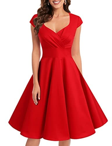 Bbonlinedress Robe de Soiree Femme Chic et Elégant Robe Courte Vintage Rockabily 1950s Robe pour Mariage Fête Cocktail Guinguette Pin up Col Carrée Red L