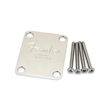 Fender® »AMERICAN SERIES 4-BOLT BASS NECK PLATE WITH "FENDER CORONA" STAMP« Plaque de manche pour basse électrique - 4-trous - Couleur: Chrome