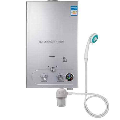 Chauffe-eau à Gaz 10LPM, Chauffe eau instantané, LPG Propane Butane 20KW Inoxydable Pression d'eau Ultra basse disponible Convient pour la Famille, Camping-car (10L)