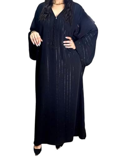 Caftan Marocain Traditionnel Femme – Satin Noir Fluide avec Broderies Artisanales au Col et Manches – Taille Unique Confortable –Robe Orientale pour Cérémonie, Mariage, Ramadan – Modèle Malak –