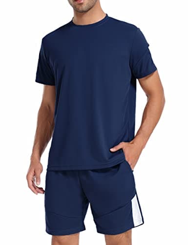 Litherday Survêtement Homme Été Ensemble de Sport à Manches Courtes Maillots de Joueur de Football Rayé Jogging T-shirt et Short Noir Gris A Bleu Foncé M