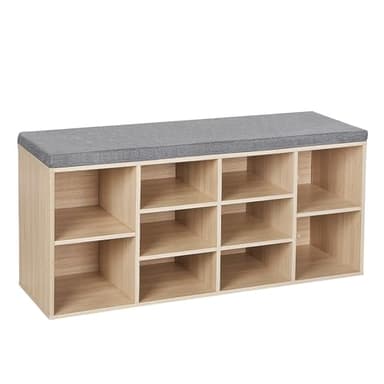 VASAGLE Banc à Chaussures, Banc de Rangement avec Coussin Rembourré, 10 Compartiments, Étagères Réglables, pour Salon, Couloir, 30 x 104 x 48 cm, Couleur Boisée et Gris LHS10NL