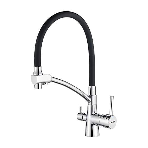 Ibergrif ‎M22128-2, Robinet de Cuisine à 3 voies, Mitigeur de Cuisine Flexible, Robinet d'Évier d'Eau Potable Réglable à 360° (Double Poignée), Corps en Laiton, Chrome, Argent/Noir