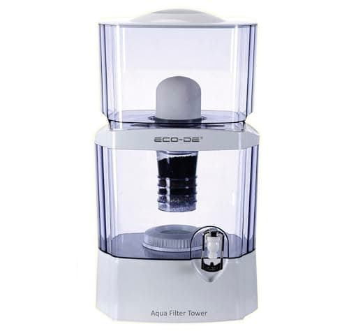 ECODE® Distributeur d'eau filtrée, Aqua filter tower, Purificateur d'eau, 8 systèmes de filtrage, Réduit PFAS, Calcaire, Chlore, Métaux,Filtre Céramique, Carbone,Pierres Naturelles, 24 litres totales