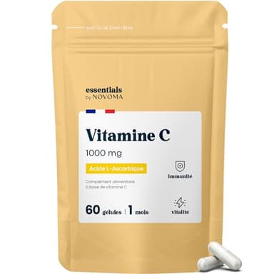 Vitamine C 1000mg, Réduit la Fatigue et Soutient le Système Immunitaire, Cure de 1 mois, 60 Gélules Végétales, 100% Acide Ascorbique Pur, Fabriqué en France, Essentials by Novoma