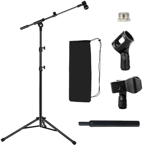 Lemxadd Pied de Micro Trépied au Sol avec Perche pour Blue Yeti SM58 SM57 SM48 Samson Q2U Fifine K6 K688 AM8, Pied Micro avec Sac de Transport, Adaptateur 5/8", 2 Clips et Serre-câbles