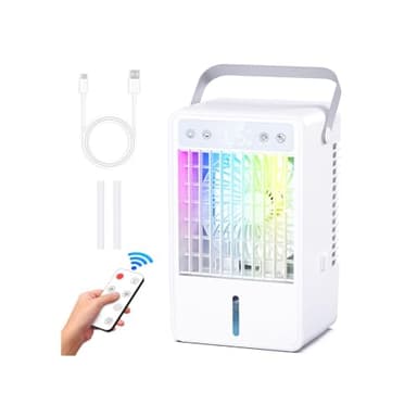 Climatiseur Mobile, 1500ml Climatiseur Portable Silencieux Refroidisseur d'air USB Ventilateur avec Télécommande, 5 Vitesses & 3 Modes, Minuterie de 10H, Lumière Colorée, Idéal pour Maison/Bureau