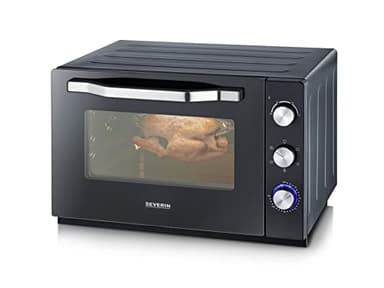 SEVERIN Four posable XXL à Chaleur Tournante 60 L avec pierre à pizza et tournebroche 2 200 W design simple et élégant, Four électrique avec minuteur 120 min, Noir/Inox, TO 2073