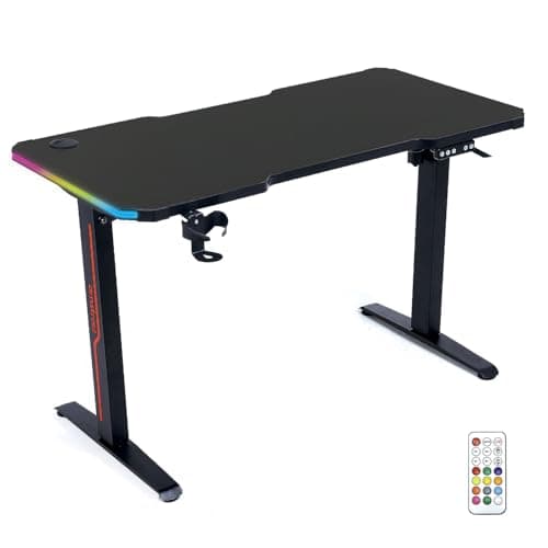 Amstrad DESK120Z-LED-FLEX Bureau Electrique Gamer avec retroéclairage RGB - Assis Debout - Largeur 1m20 - Finition Carbone