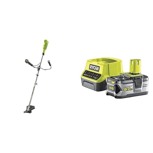 RYOBI - Débroussailleuse Électrique sans Fil à Batterie 18V One+ 5.0Ah- Utilisations Travaux de Finition et 1 Chargeur Rapide 2.0Ah RC18120-150