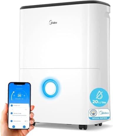 MIDEA Deshumidificateur d air electrique 20L - Adsorbeur d'humidité pour la maison, salle de bain, cave et garage - Surface de travail 40 m2 - Déshumidificateurs Anti Moisissures et Anti Humidité