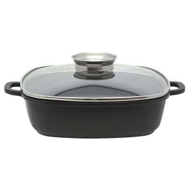 Elo 8668026 Mijoteuse carrée avec couvercle en verre 28 cm, Faitout, Plat de service, Cocotte en fonte, Convient à tous types de feux et four, Fonte d'aluminium, Verre, Acier inoxydable, Noir, 28 cm