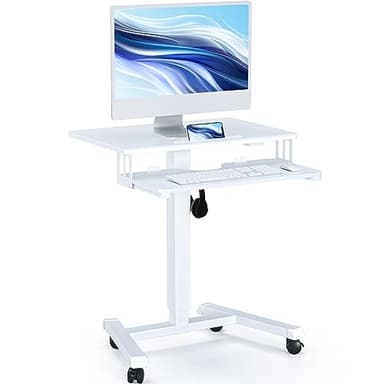 BONTEC Bureau Mobile Assis-Debout avec Plateau pour Clavier, Podium Mobile, Station de Travail d'Ordinateur jusqu'à 15 kg, Table Réglable sur Roulettes pour Ordinateur Portable